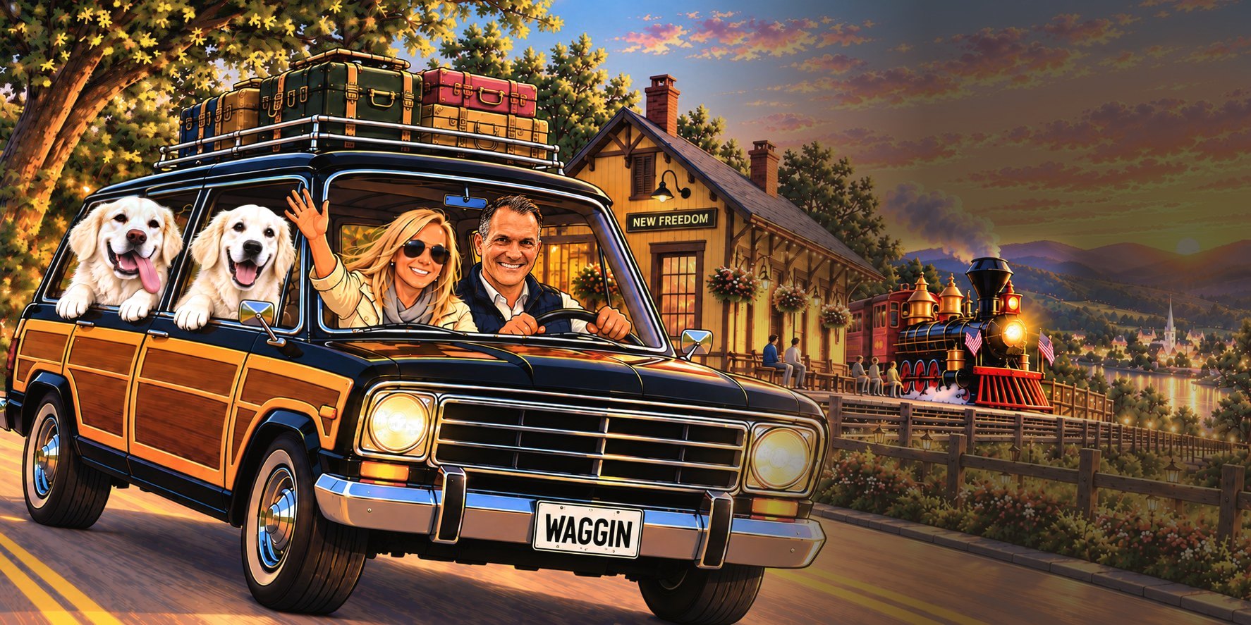 Cartoon of Trey and Kelly waving from a black woody wagon at the New Freedom depot at sunset, with Theo and Beau leaning out the back windows