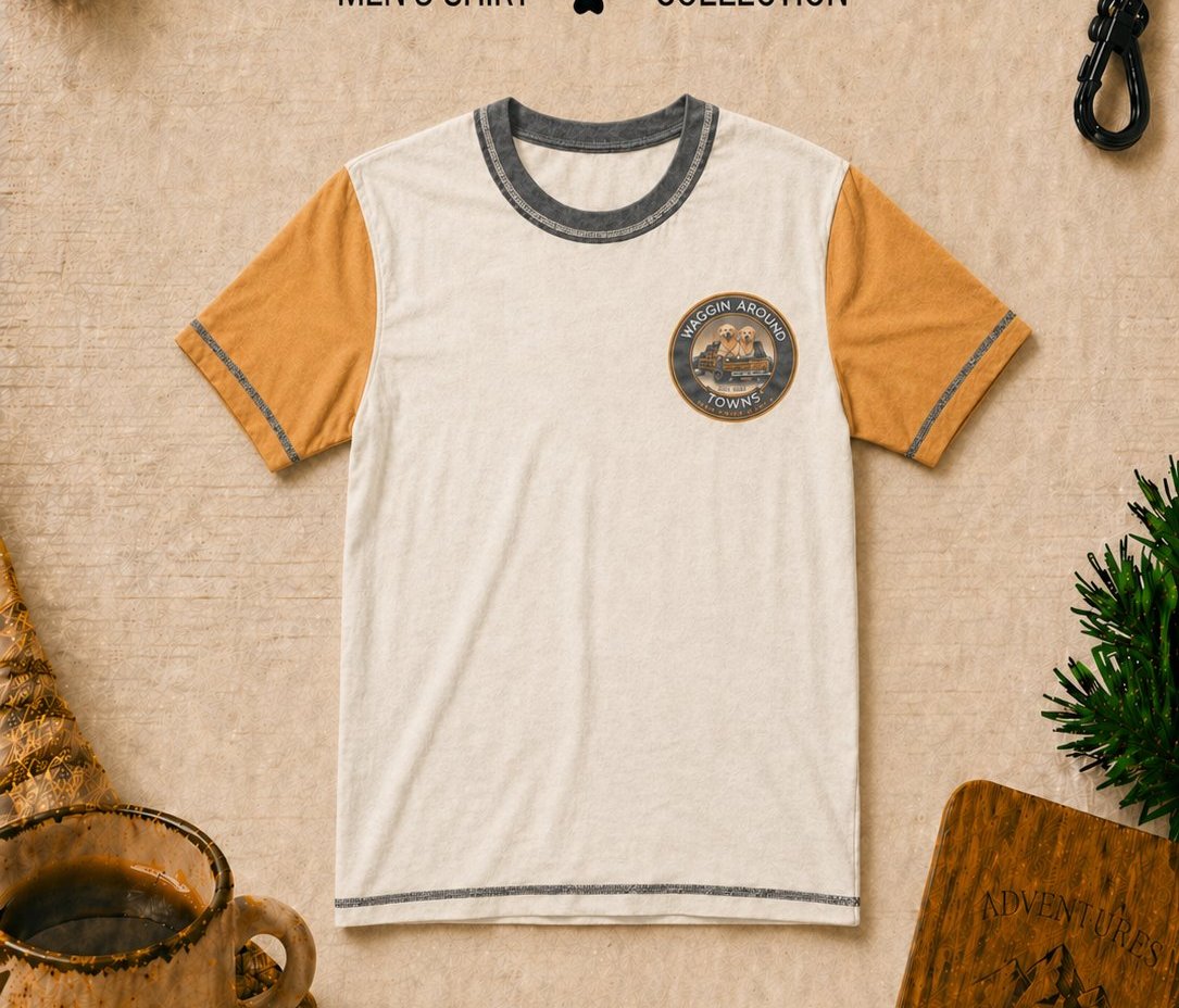 Drifter men's shirt … cream body with amber sleeves and charcoal ringer