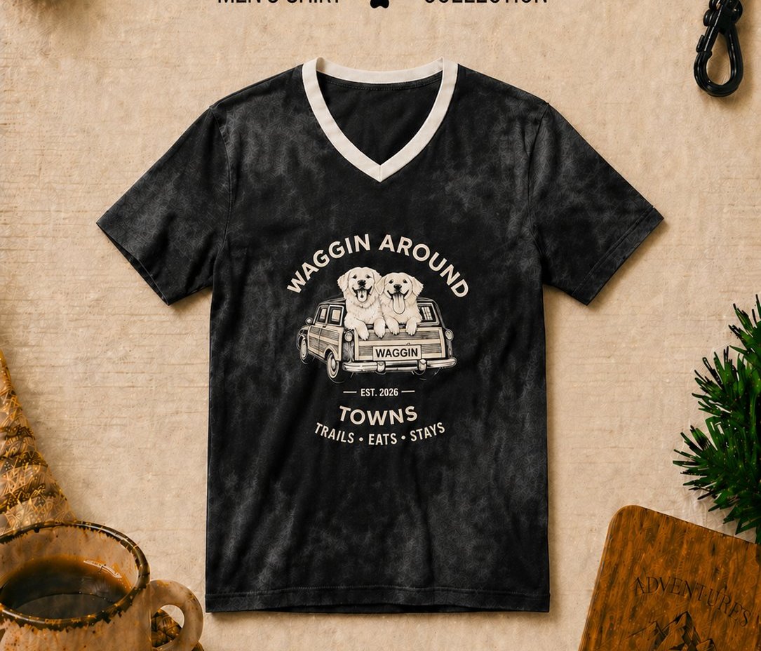 Tuxedo men's shirt … heathered black V-neck with cream pigment-ink graphic