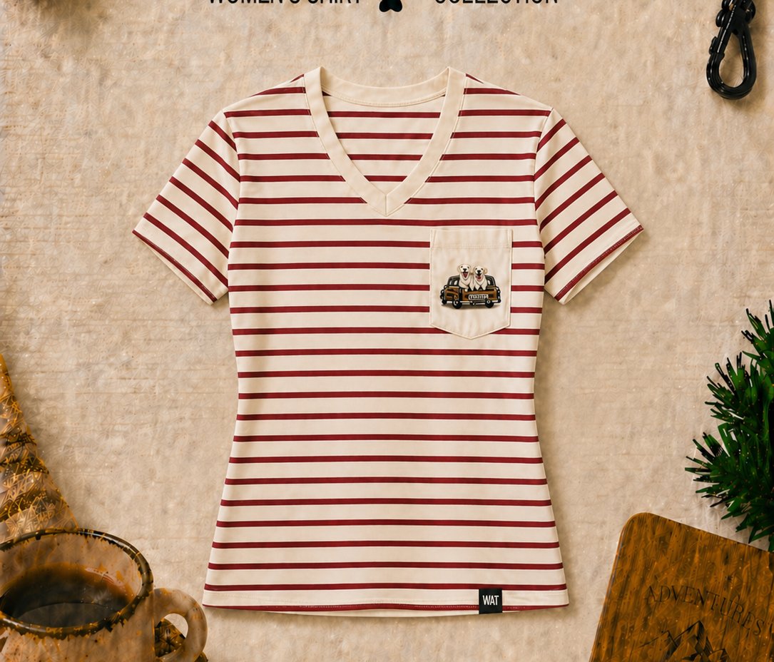 Drifter women's shirt … red and cream striped V-neck with pocket badge