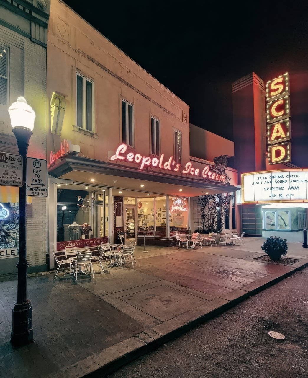Leopold's Ice Cream SCAD marquee at night