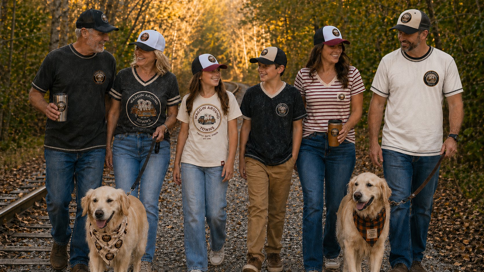 A three-generation family walking on a wooded autumn rail trail, all wearing Waggin Around Towns merchandise, two cream golden retrievers in WAT bandannas walking alongside